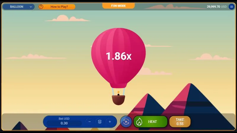 Balloon fra Spribe i luften: multiplikator 1,86x, udbetaling mulig ved 0,55 USD for 0,30 USD i indsats