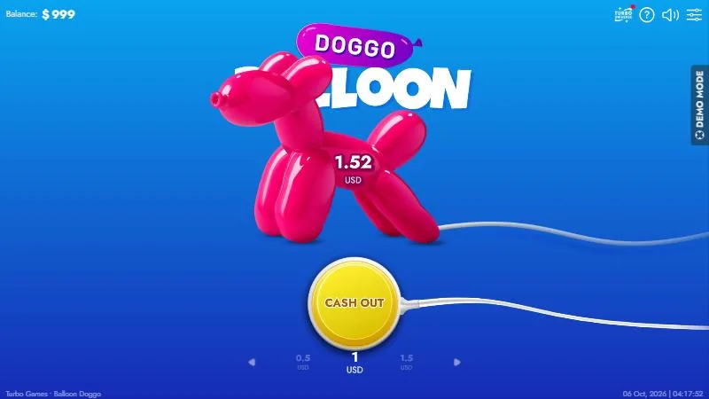 Balloon Doggo en cours de gonflage : 1 USD misé vaut 1,52 USD, bouton CASH OUT pour encaisser