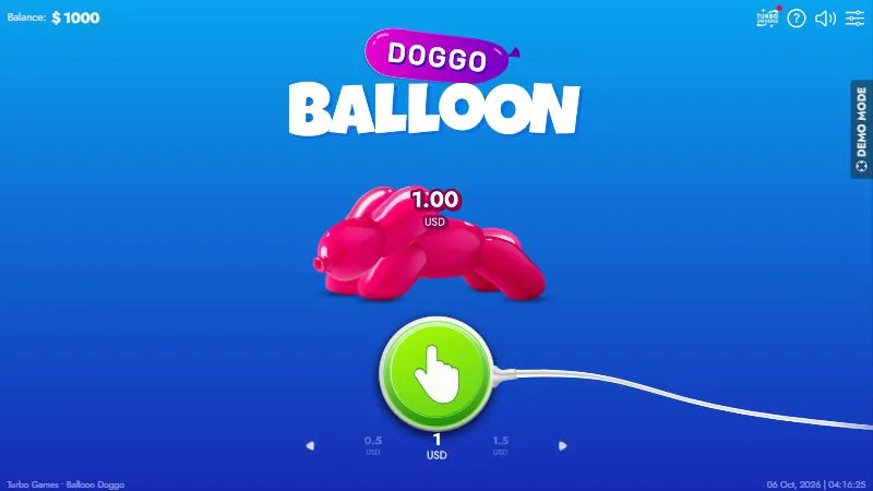 Balloon Doggo prêt à jouer : chien dégonflé, mise de 1 USD, bouton-pompe vert