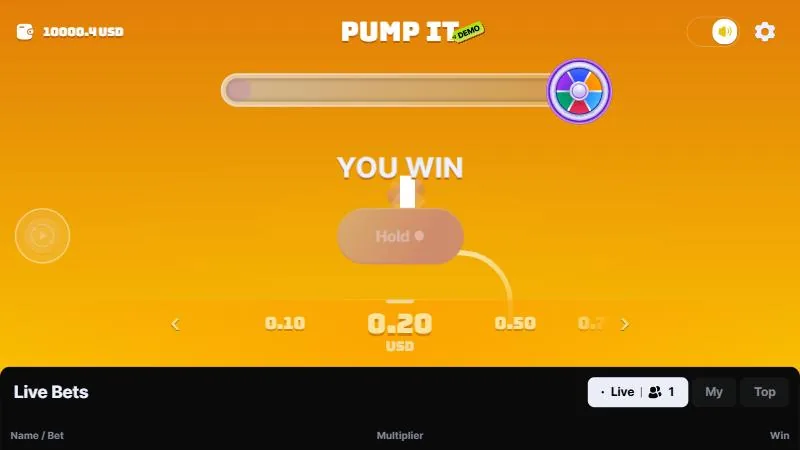 Pump It après une manche gagnée : « YOU WIN », solde fictif passé à 10 000,40 USD